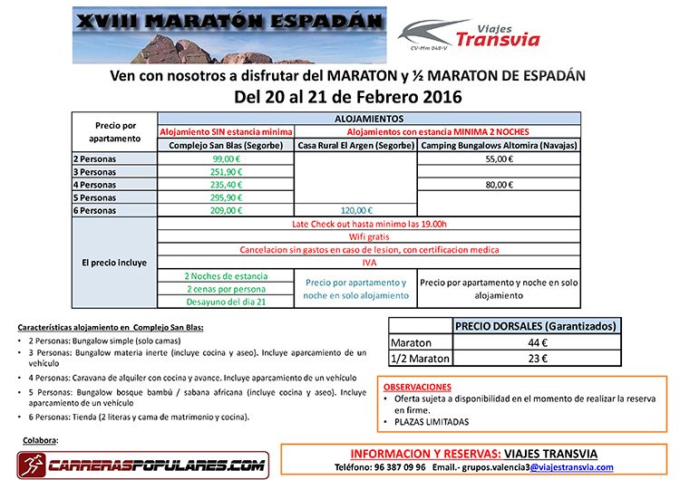 Oferta de alojamiento para Maratón de Espadan - Segorbe (CAstellón)  21/02/2016